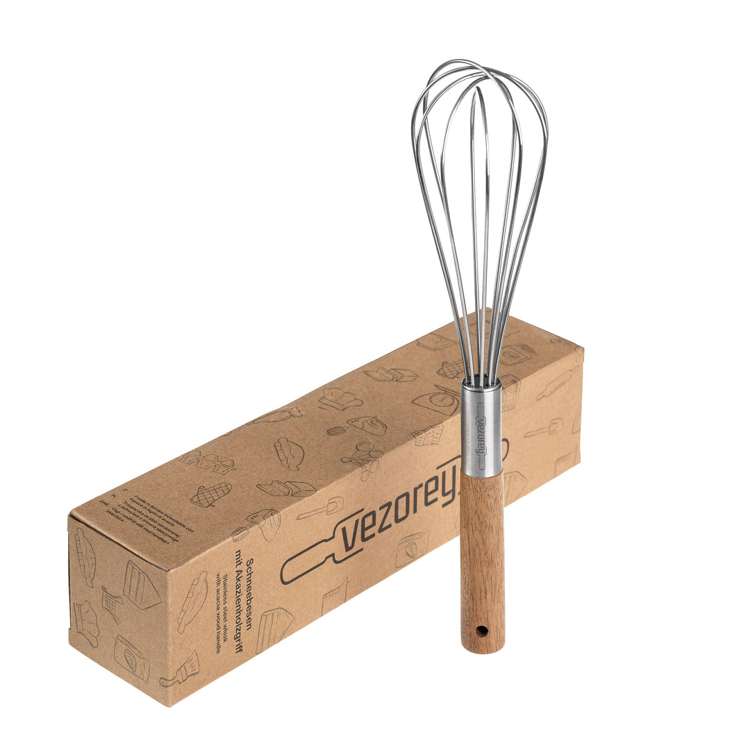 VEZOREY® - Schneebesen - Rührbesen - Edelstahl Schneebesen mit Akazienholzgriff - 28cm-0